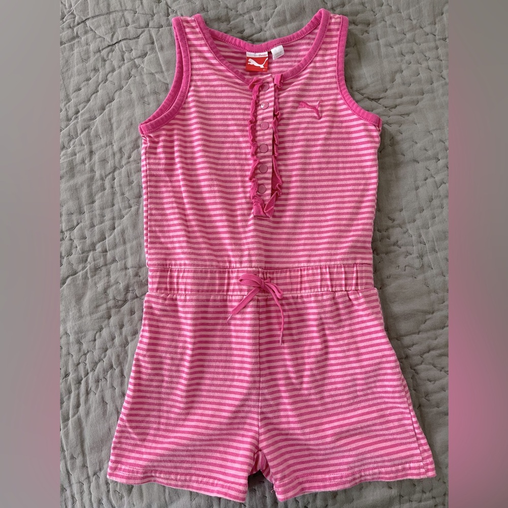 Vintage Puma Pink Striped Tank Romper Shorts Jumpsuit Girls’ Size 4T